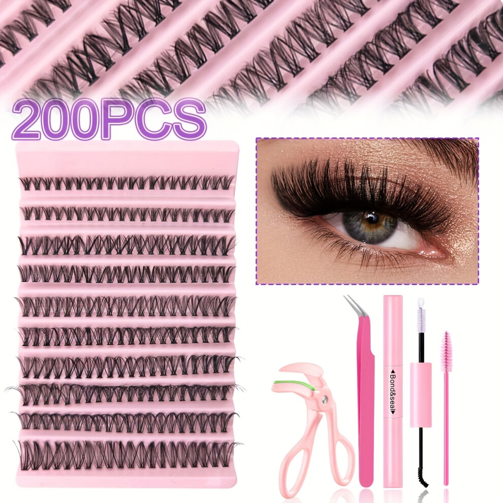 (200pcs-Gift Kit 30D) Eyelash Extensions Kit with Glue, Tweezers, Lash Brush & Curler, Natural & Eye Styles, Multiple Lengths, 0.07mm