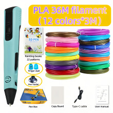 (Blue) 1SET 3D Printing Pen Kit | Includes 12 Colors  3-Meter PLA Filaments, Finger Cots, 22-Pattern Drawing Board, Type-C