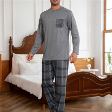 (Dark Gray, 38) 2-Piece Men's Dark Gray Long-Sleeve Top and Patchwork Pocket Plaid Print Pants Loungewear Set