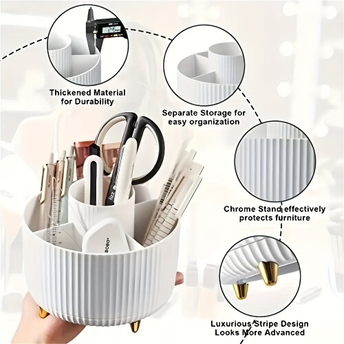 (Pale Pink) 360 Rotating Makeup Organizer - 1pc Plastic Cosmetic Storage with 5 Compartments - Multi-Functional Holder for Brushes 2