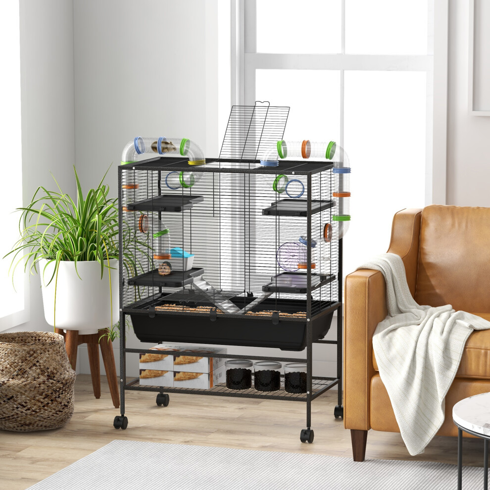 Pawhut Large Hamster Cage, Rat Cage W/ Wheels, Tubes, Storage Shelf, Ramps - Image 3