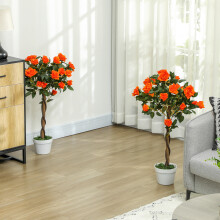 Outsunny Set of 2 90cm Artificial Rose Tree, Fake Decorative Plant, Orange