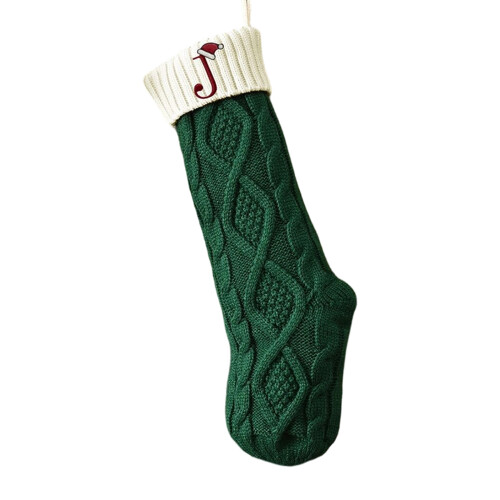 Kerst Geborduurde Letter Kous Oversized-Donkergroen wit J