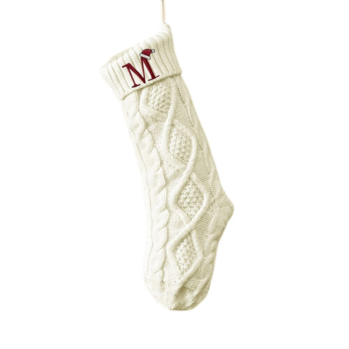 Kerst Geborduurde Letter Kous Oversized Gebreid Ontwerp-Witte M