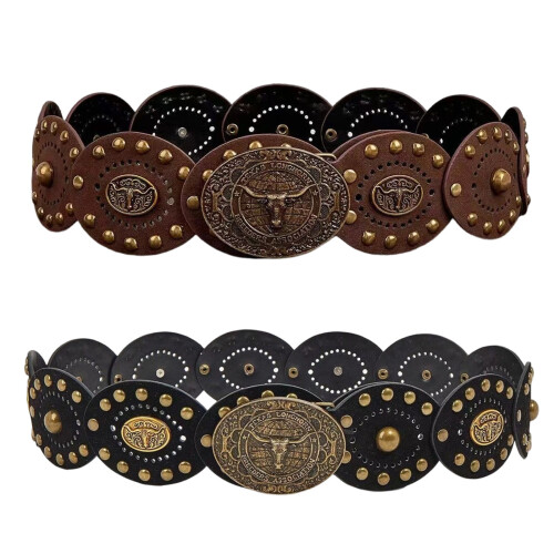 Heavy Duty Belt with Carved Charm Punk Studs Buckles-Black 1