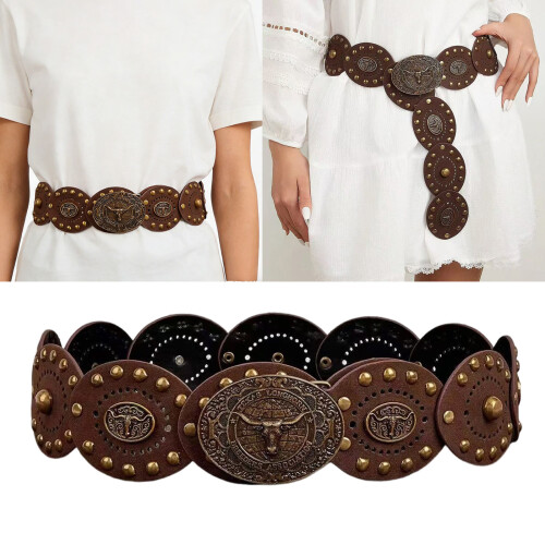 Heavy Duty Belt with Carved Charm Punk Studs Buckles-Black 2