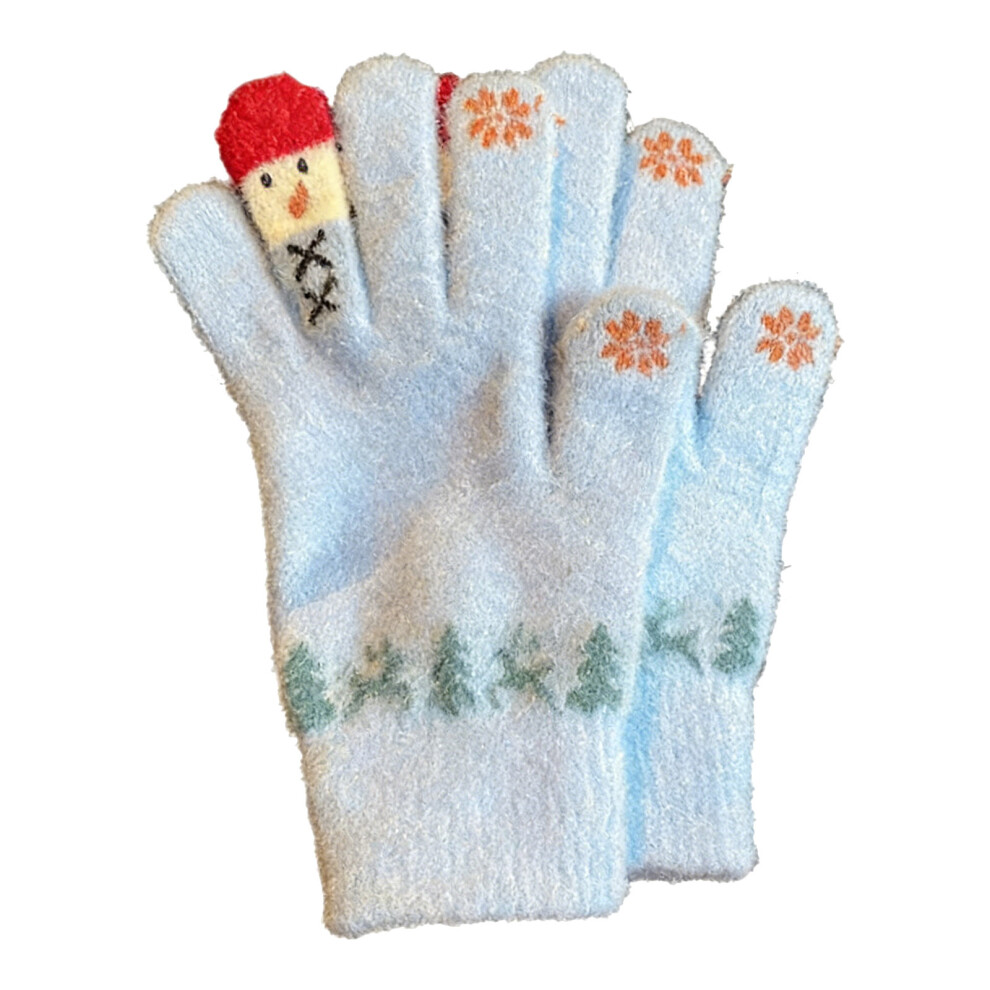Blue Fleece Lining Snowman Pattern Gloves Touchscreens Ready
