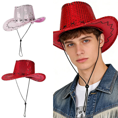Multifunctional Polyester Sequined Western Hat Lightweight-Red 2