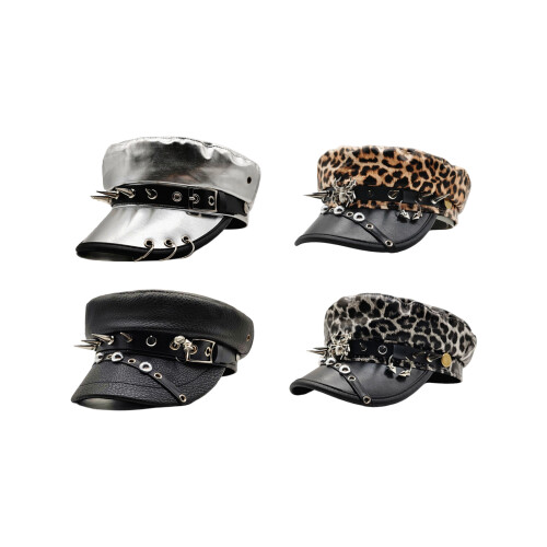 Stylish PU Beret Hat with Punk Rived Studded Decorative-3 1