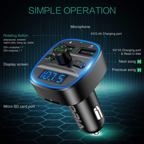 Στυλ οδήγησης: Πομπός Bluetooth5.0Fm με οπίσθιο φωτισμό LED 7 χρωμάτων, διπλό φορτιστή USB 1