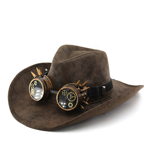 Punk Sueded Cowboy Cap With Western Design Goggles Roll-coffee