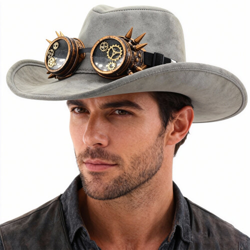 Punk Sueded Cowboy Cap With Western Design Goggles Roll-coffee 1