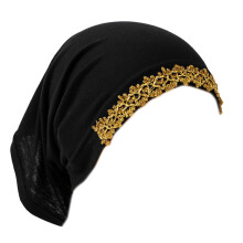 Solid Color Hijab Hat Lace Flower Trim Muslims Headscarf-Black