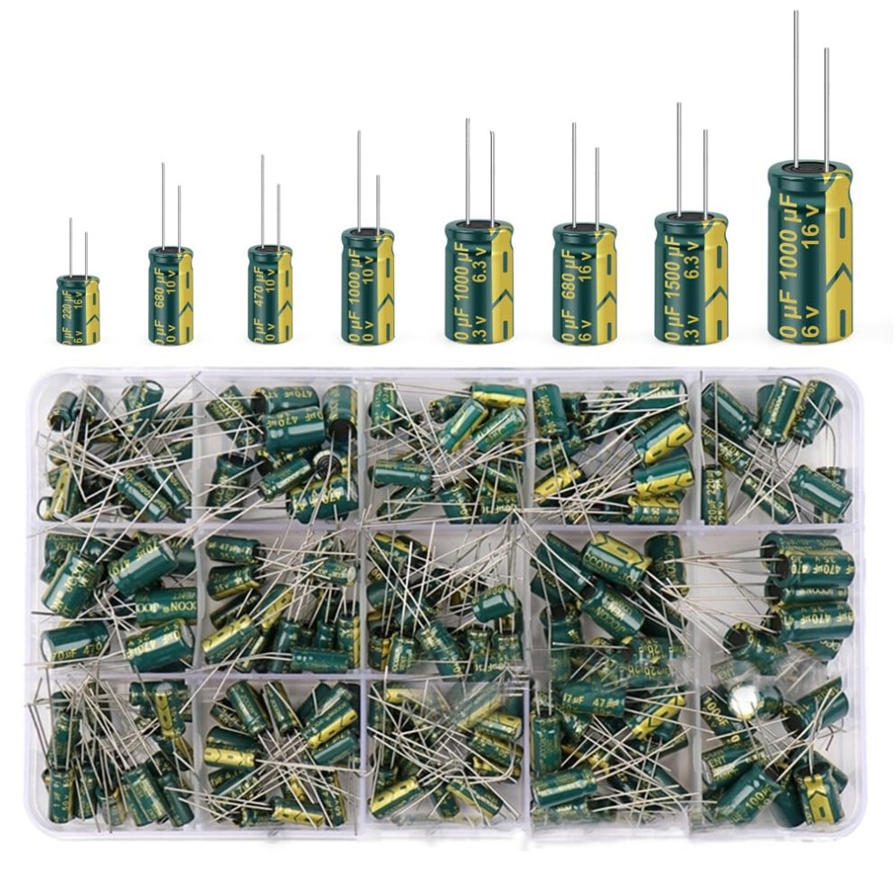 15 Value 225 Pieces 1Uf470uf Aluminium Capacitor Box Kit Dip 16V50v Frequency Aluminium Electrolytic Capacitors For Diy Projects (Green) 9412369732347