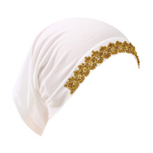 Elegant Lace Trim Hijab Cap Easy To Wear Stretchy Turban-White