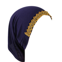 MultiUse Hijab Turban Hat With Lace Flower Trim-Navy Blue