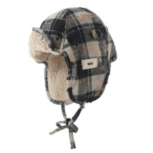 Stylish Grid Fleece Lined Earflap Hat Headgear for-black beige.