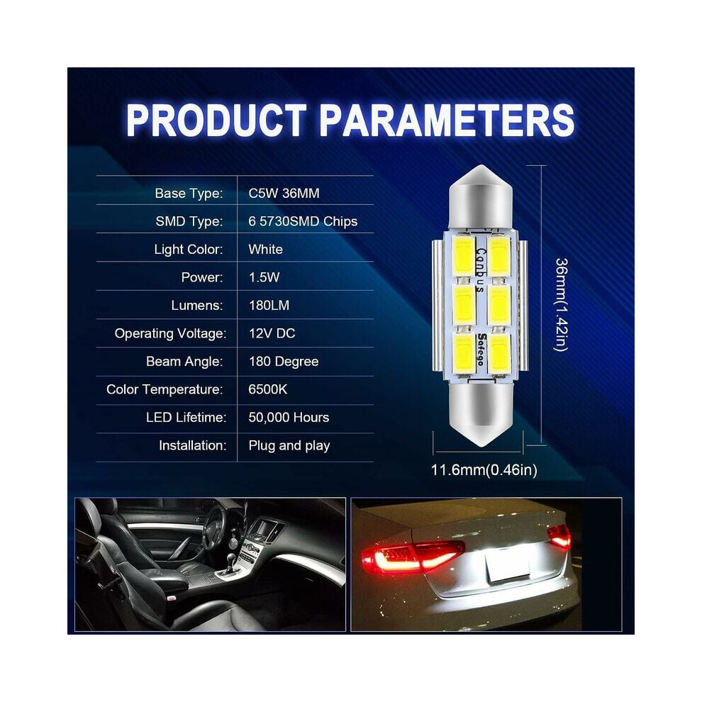 Bright Led Bulb, Interior Lights 6-Smd 36Mm Festoon Error Free For Car Map Door Courtesy With Heat Dissipation And Wide White/Light 9128293319096