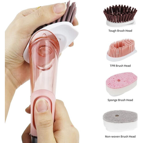 Dish Brush  Soap Dispensing, Replaceable Head, Transparent Handle  Pink 2