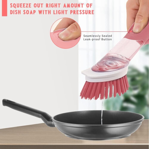 Dish Brush  Soap Dispensing, Replaceable Head, Transparent Handle  Pink 1