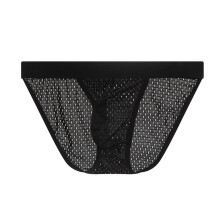 Men's Underwear Low Waist Mesh Thin Breathable U Convex Elastic Thongs Lightweight Soft Stretch Bikini Panties Black M