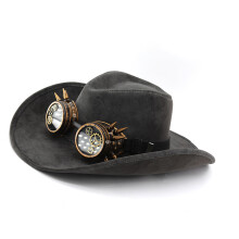 Punk Suède Western Cowboy Cap Met Bril Steampunk-Donkergrijs