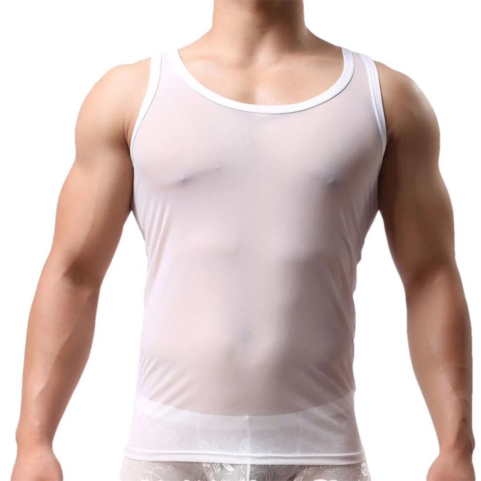 Transparent mesh Tshirt, men's tank tops, nightwear, sleeveless tops, underwear, men's undershirt, transparent vest 3XL W