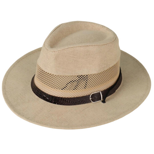 Atmungsaktiver Strohhut mit breiter Krempe, blauer Gürtel-Beige