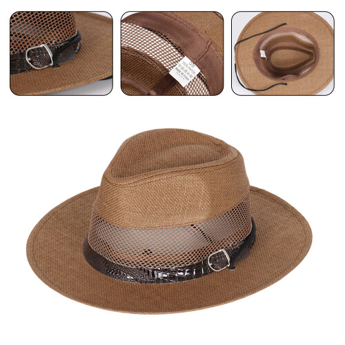 Atmungsaktiver Strohhut mit breiter Krempe, blauer Gürtel-Beige 2