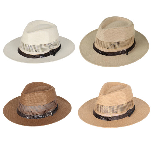 Atmungsaktiver Strohhut mit breiter Krempe, blauer Gürtel-Beige 1