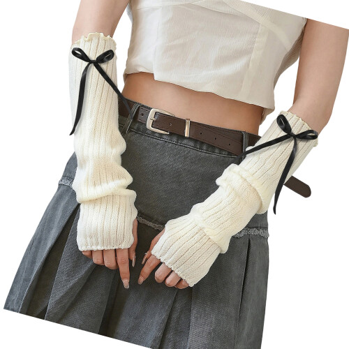 Gestrickte Handschuhe, Halbfinger-Rüschen-Design, lange-Schwarz