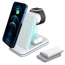 Rejseledsager, 3-i-1 trådløs opladningsstation til Apple, Samsung-enheder, bærbar, foldbar trådløs opladningsstander, med overstrøm