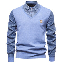 Men's Knitted VNeck Mock Shirt Collar Jumper L O Blue