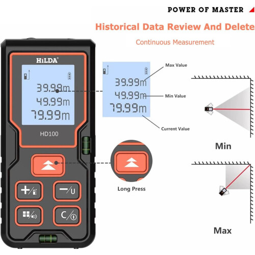 Laser rangefinder 40/60/80/100M, M/in/Ft unit, LCD backlit, area, volume Black 80M 1