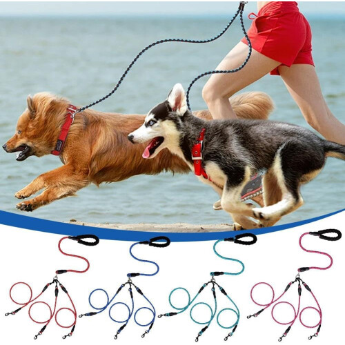 Double Dog Leash Coupler, Tangle , 360 Rotation, Two 2 Splitters, Heavy Duty Adjustable Bungee Reflective Wire 2