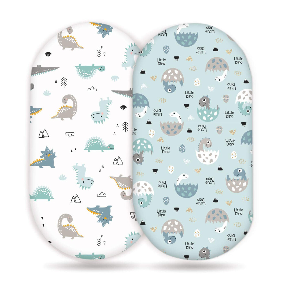 Stretchy Ultra Soft Bassinet Sheet Set 2 Pack, Universal Fit For Bassinets, Happy Dinosaurs Blue