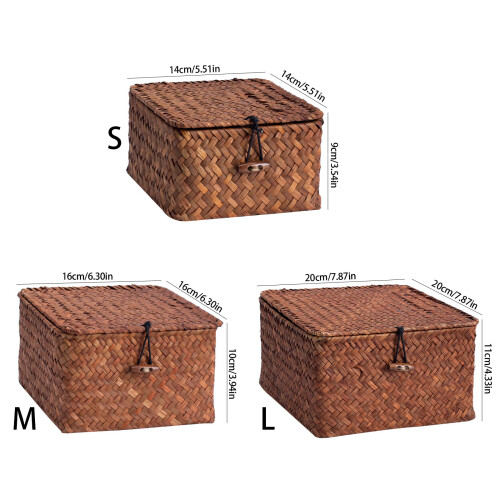 Versatile Grass Woven Basket withj Lid Wicker Organizer-M 2