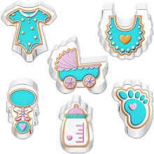 6 - Piece Stainless Steel Baby Shower Cookie Cutter Set - Baby Shirt, Rattle, Bottle, Bib, Stroller, Baby Feet Shapes, Ideal for Baby Shower and Birth