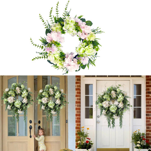 Couronne de porte artificielle avec feuilles vertes, fleurs 1