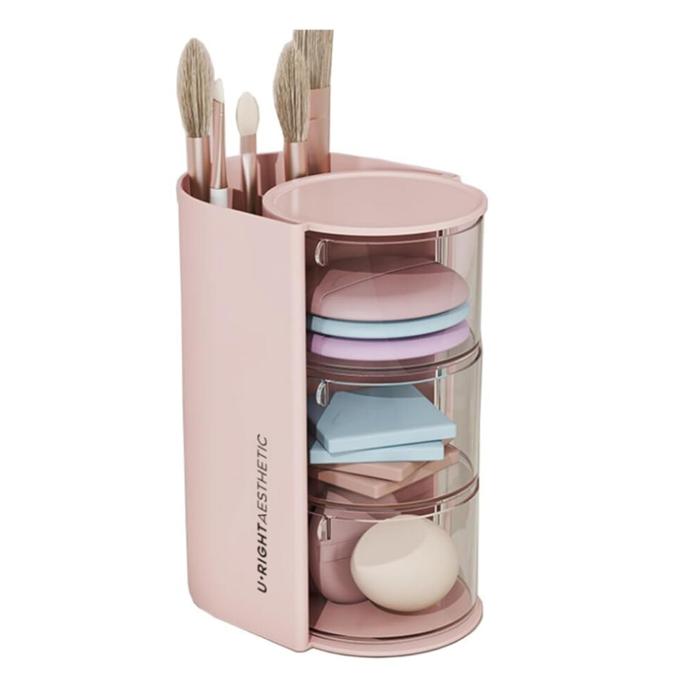 Pink Makeup Brush Holder Makeup Brush Organizer With 2 Slot, 3Layer Rotating Cosmetic Organizer, Desktop Makeup Box Easy To Use,
