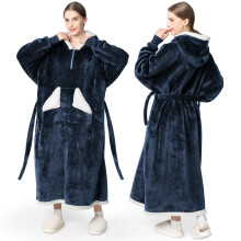 (Navy) Hooded Wearable Sherpa Blanket with Pockets and Belt, Cozy Long Lounge Wear for Women Men, Soft Winter Gift Idea