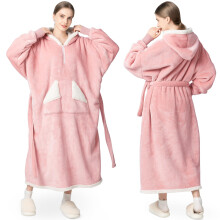 (Pink) Hooded Wearable Sherpa Blanket with Pockets and Belt, Cozy Long Lounge Wear for Women Men, Soft Winter Gift Idea