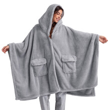 (Grey) Hooded Wearable Fleece Poncho Blanket for Adults, Soft Warm Shawl Wrap Cape for Women and Men, Cozy Indoor Outdoor Winter Gift