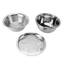 Stainless Steel Salad Bowls Set Of 3 With Grater And Sieve, 28 cm Diameter, Overlapping Design For Food Prep