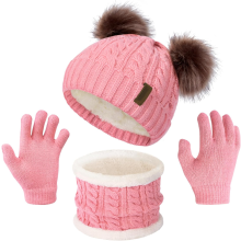 Kids Winter Beanie Hat & Gloves Set – Pompom Knit Fleece Lined for Boys Girls Toddler (Cold Weather)