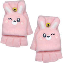 (Pink) Kids Convertible Flip Top Fingerless Gloves – Warm Half Finger Winter Gloves for Boys & Girls (5-10 Years)
