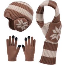 (Brown) Kids Winter 3Pcs Set: Fleece Lined Beanie (with Earmuffs), Double Layer Scarf & Touchscreen Gloves (3-12Y)