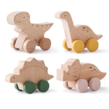 4PCS Wooden Dinosaur Push Car Toys - Montessori Toys For Babies & Infants, Developmental Wooden Toy Vehicles For Grasping & Play