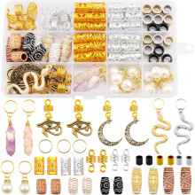 121 - Piece Dreadlocks & Braids Jewelry Set: Crystal Wire - Wrapped Loc Adornments, Imitation Wood Beads, Hair Cuffs, Pearl Pendants & Beard Tube Bead