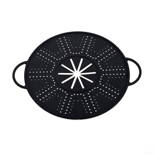 (Black) Multi-Use Silicone Splatter Guard with Folding Handle, Doubles as Strainer and Heat Resistant Mat, White.